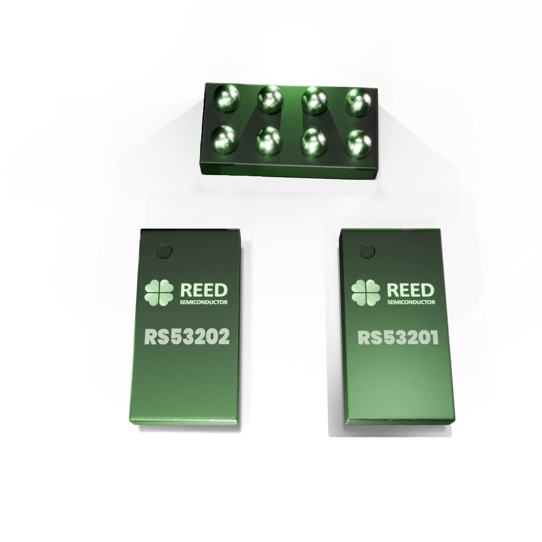 Top and bottom product view of the RS53201 and RS53202 2.15 volt to 5.5 voltage, 500 milli-amp buck converters with ultra-low quiescent current.