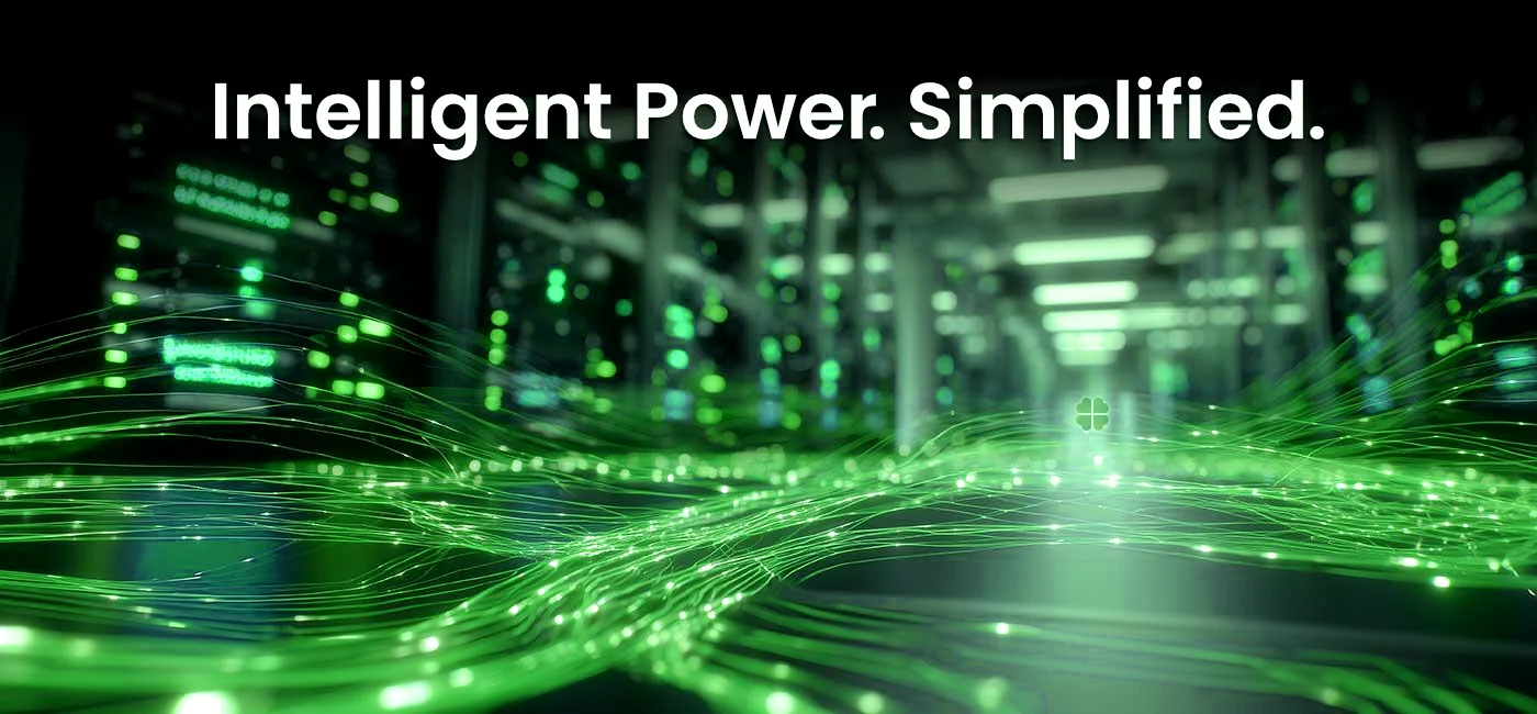 Abstract AI datacenter image with the caption "Intelligent Power. Simplified."